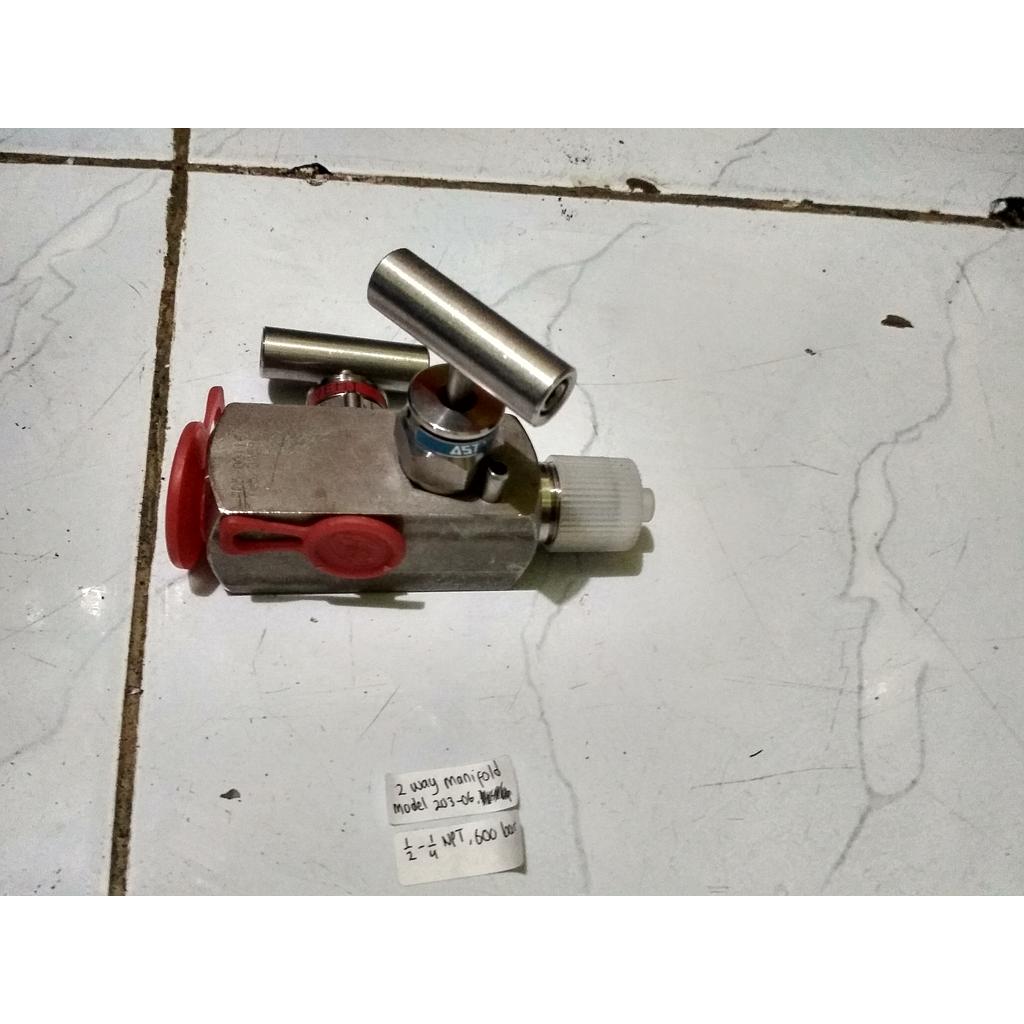2 Way Manifold, Model: 203-06, Connection 1/2" NPTF x 1/4 NPTM, Body Material: SST 316, Max Pressure: 600 Bar, Brand: ASTAVA