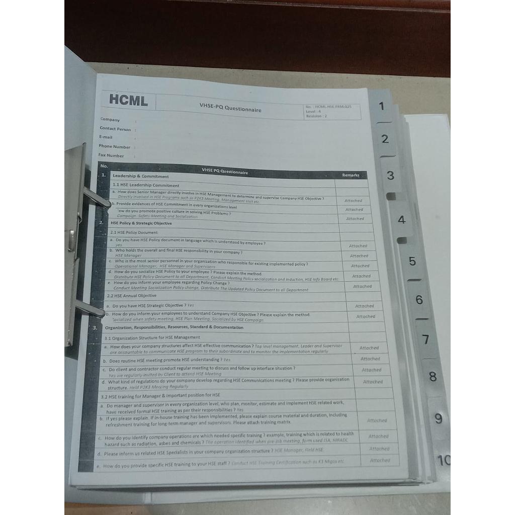 Dokumen HSE, Binder Warna Putih