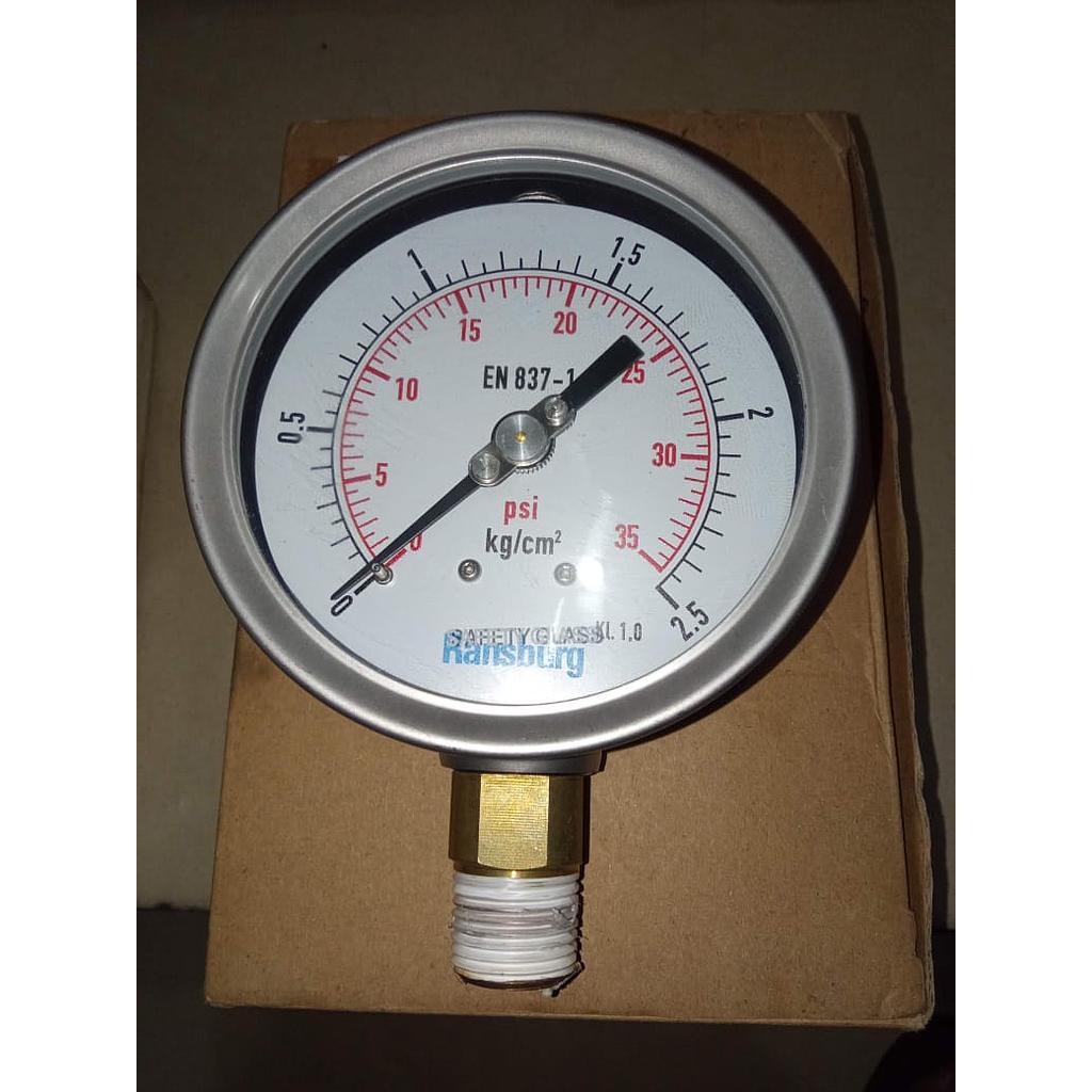 Pressure Gauge 0-35 PSI, Bottom Connection, SSTCase 1/2 NPT, Brass Connection, Brand Ransburg
