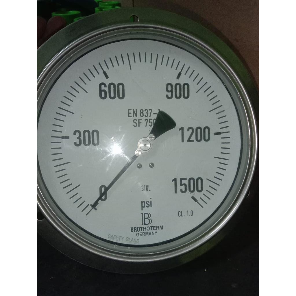 Pressure Gauge Brothoterm Germany, Ukuran SF 750B, NS 160MM.0-1500 PSI, 1/2 NPT M Instrment Class 1.0, Back Connection 
