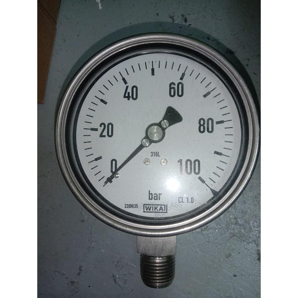 Pressure Gauge 100 Bar, Dial 4", 1/2 NPT, Bottom Connection, SST Case, Brand Wika 
