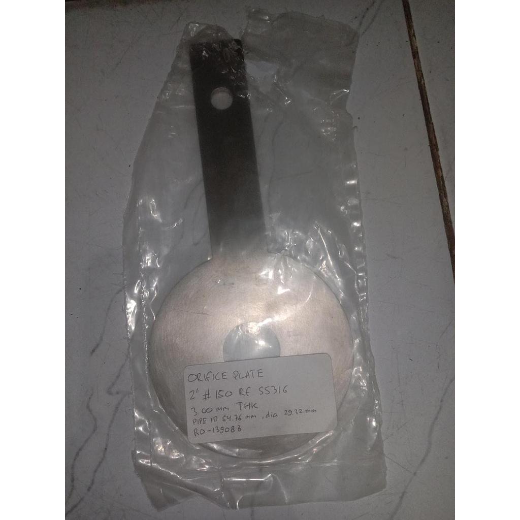 Orifice Plate 2" #150 RF SS316, 300mm THK, Pipe ID 54.76mm, Diameter 29.32mm, RO-13908B